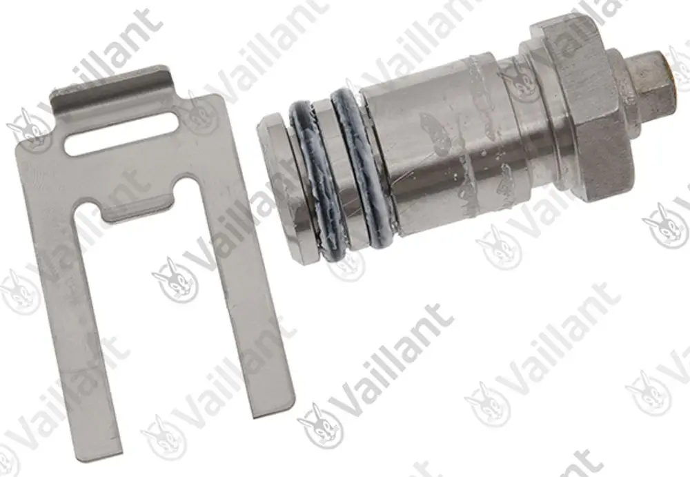 Vaillant Entlüftungsstopfen aus Metall mit einer Dichtung. Dazu gehört ein Metallwerkzeug zur Montage oder Demontage des Stopfens.